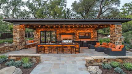 Luxury Outdoor Kitchen and Lounge: Stone Pavilion Design