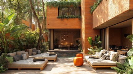 Luxury Courtyard Oasis: Tranquil Brick House with Pool and Lush Greenery