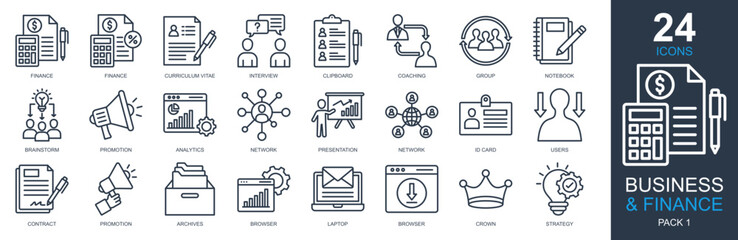Business And Finance Icons set vector illustration. Containing finance, interview, analytics, presentation, strategy and more. Simple outline icons collection.