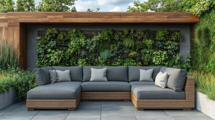 Serene Rooftop Oasis: Modern Sectional Sofa Against Lush Vertical Garden