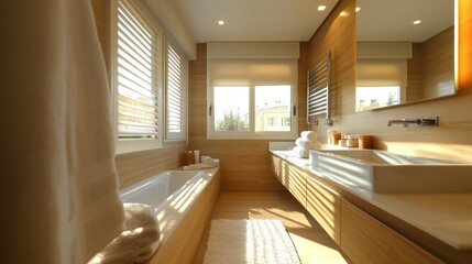 Luxurious Modern Bathroom Design with Wooden Accents and Natural Light
