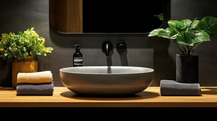 Modern Minimalist Bathroom Design: Serene Grey Sink and Lush Greenery