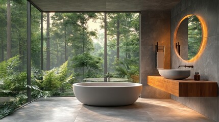 Serene Forest Bathroom: Modern Minimalist Design