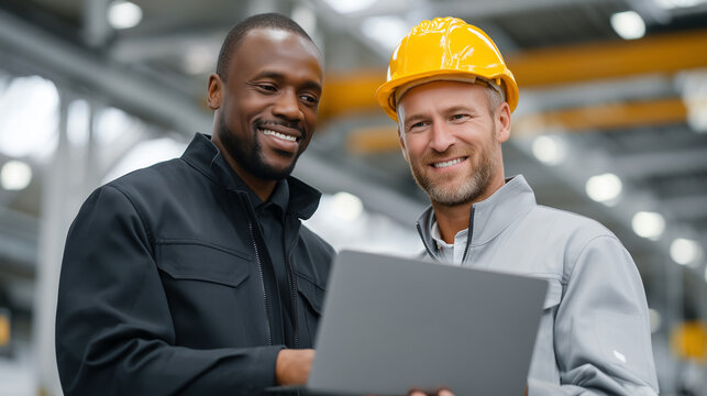Two engineers standing in an industrial factory setting, reviewing project plans on a laptop, focused and collaborative atmosphere factory engineers, industrial project discussion,