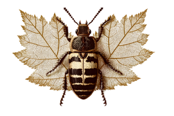 Striped Beetle on Dried Leaf Entomology Illustration Nature Closeup