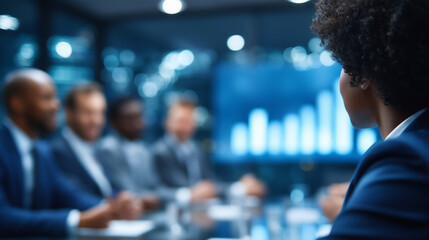 Diverse group of executives in a sleek office boardroom, exchanging ideas and working on financial solutions financial company teamwork, executive discussion, business problem-solv