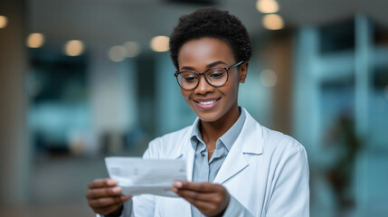 Focused female physician preparing a printed receipt for a patient visit in a bright hospital office hospital visit documentation, female healthcare provider, medical administratio
