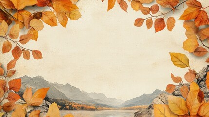 Autumn leaves frame mountain valley; fall design