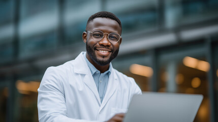 Obraz premium Male doctor in a white coat sitting at his desk in a medical office, typing on a computer with a focused expression digital healthcare, medical record system, doctor at work, clini