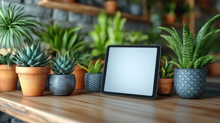 Tablet Mockup with Succulents and Plants on Wooden Table