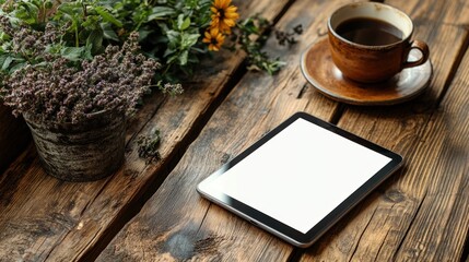 Relaxing Morning with Coffee and Tablet on Rustic Wooden Table