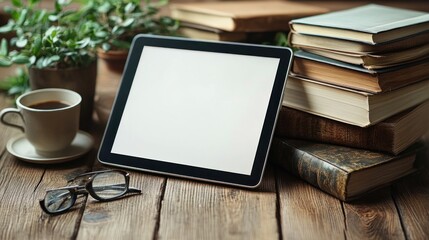 Cozy Reading Nook: Tablet, Books, Coffee, and Plants