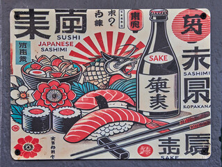 Vintage tin sign attractor decor featuring colorful sushi and sake illustrations, showcasing...