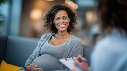 Calm pregnant woman sitting in a clinic room while healthcare professional takes notes and checks her vitals prenatal appointment, pregnancy health assessment, expectant woman care