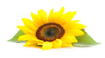 Obraz premium Bright yellow sunflower with green leaves against a plain background showcasing natural beauty