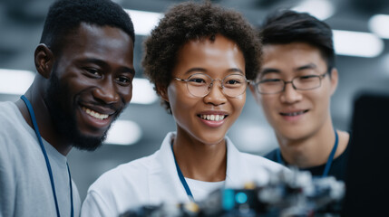 Engineers collaborating on a robotics project, building and programming a robot prototype, high-tech lab environment, teamwork in innovation, advanced engineering and technology de
