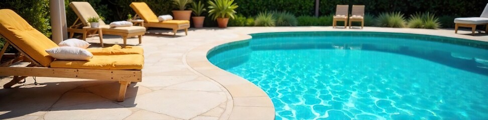 Obraz premium Sparkling blue pool water, sun-drenched patio furniture, summer vibes Perfect for relaxation and summer fun Ideal for travel, vacation, and summer promotional materials , luxury, swimming pool