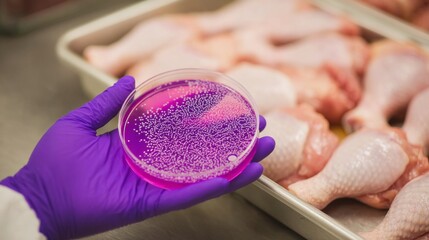 Gloved hand holding petri dish with bacteria colonies beside raw chicken drumsticks, highlighting food safety concerns, contamination risks, hygiene inspection, and microbial testing in meat handling.