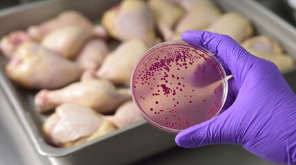Gloved hand holding petri dish with bacteria colonies beside raw chicken drumsticks, highlighting food safety concerns, contamination risks, hygiene inspection, and microbial testing in meat handling.