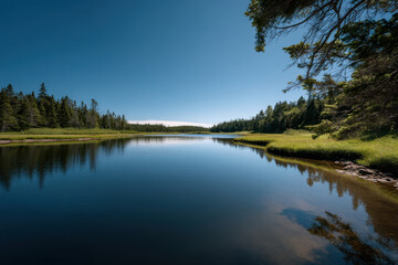 Fototapeta premium serene lake surrounded by lush green forests in nova scotia reflecting clear blue sky