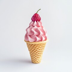 Pink ice cream cone with strawberry topping isolated on white background