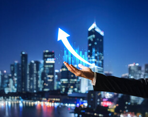 Photorealistic close-up of a businessman's hand releasing a glowing digital arrow soaring upward, with a futuristic city skyline and translucent financial graphs in the background.