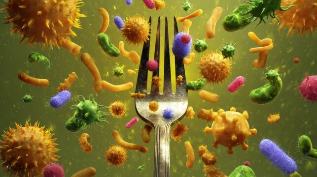 Fork covered with colorful bacteria and viruses, symbolizing food contamination and poor hygiene, highlighting the importance of kitchen utensil disinfection to prevent the spread of disease.