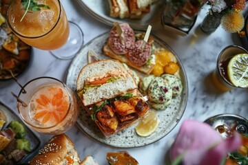 Delicious brunch with cocktails, sandwiches, and appetizers filling the table
