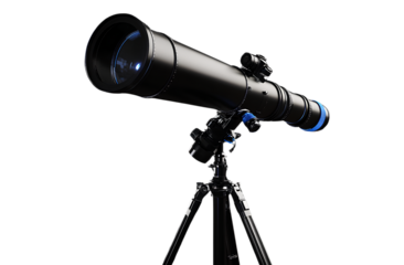 3D model of a telescope on a tripod, against a black background. This is a game asset, with a resolution of