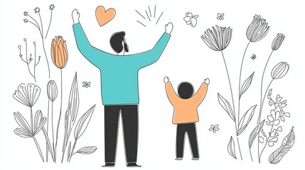 Fatherhood Strength and Wisdom, Father and Child Celebrate Together in Nature with Flowers and Hearts