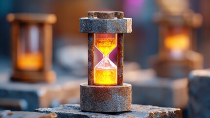 hourglass with liquid light slowly flowing upward, floating between ancient devices, mystical ambient laboratory