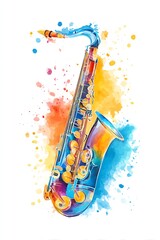 a watercolor saxophone with colorful paint splashes, retro musical vibes, modern artistic ink technique
