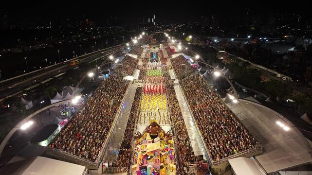 Samba Ride At Sao Paulo Brazil. Famous Carnival Sambadrome Landscape Viewed From Above. Night Road Downtown Cityscape. Night Outdoor Panning Wide. Sao Paulo Brazil.