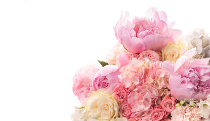 Luxurious round bouquet of pink and white peonies, roses, hydrangeas and Asian buttercups. Isolate on a white background. Congratulations	
