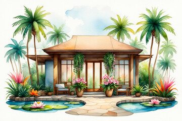 Tropical garden gazebo surrounded by palm trees and flowers.
Suited for spa retreats, wellness getaway promos, or tropical resort campaigns.