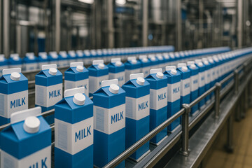 Blue milk cartons aligned in a modern dairy production line for distribution
