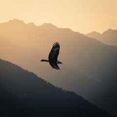 Naklejka premium Majestic eagle gliding over a rugged mountain landscape at sunset capturing natures breathtaking beauty