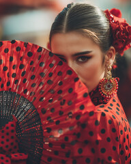 Close up of a flamenco dancer covering part of her face with a traditional red fan with black dots