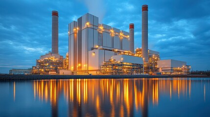 Obraz premium Industrial power plant at twilight by a river