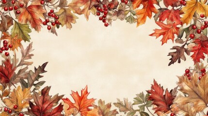Autumn leaves frame, beige background, fall design, Thanksgiving card
