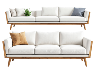 Modern white sofa with wooden frame, shown in two configurations with different throw pillows and a small plant