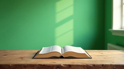 Open Book on Wooden Table Against Green Wall with Sunlight Streaming Through Window