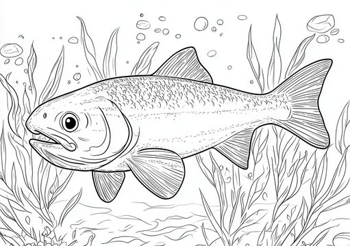 淡水魚イラストレーション：線画、詳細な描写、水生植物背景 (Tansui-gyo Irasutoreshion: Senga, Kousai na Byousha, Suisei Shokubutsu Haikei)