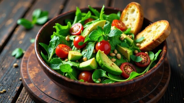 A vibrant and healthy avocado and spinach salad with cherry tomatoes, toasted bread, and a sprinkle of seeds, served in a rustic wooden bowl.