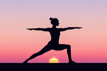 A woman in warrior pose is silhouetted against a colorful sunset sky. Peaceful, strong, and inspiring moment symbolizing wellness and mindfulness.
