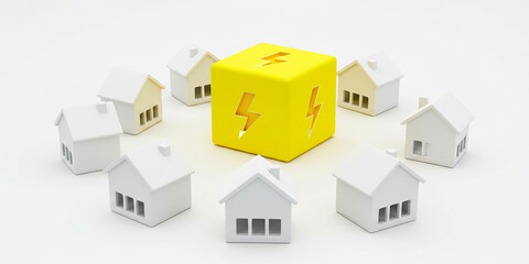 Energy power icon on yellow cube surrounded by white home cubes showing smart electricity distribution