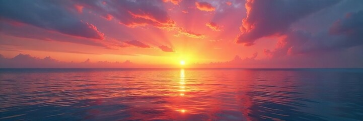 Obraz premium Serene sunrise paints the ocean in vibrant hues of orange, pink, and gold, reflecting on the calm water A breathtaking display of natural beauty at dawn , reflection, aquatic, sea