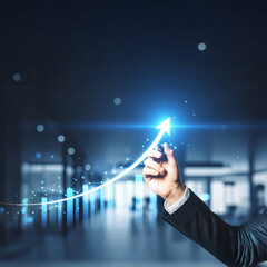 Realistic image of a hand drawing an upward arrow on a transparent screen, with bright light effects, financial charts overlay, and symbols of profit and business growth.