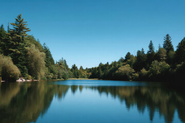 Naklejka premium serene lake surrounded by lush green forests in nova scotia reflecting clear blue sky