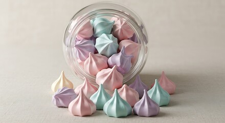 Pastel-colored meringues in a clear glass jar with some pieces spilling out onto a linen surface
